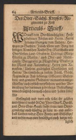 Des Ober-Sächß. Kreyses/ Regiments zu Fuß Articuls-Brieff