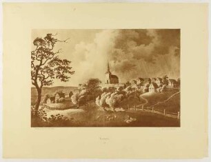 Das Dorf Leubnitz (Dresden-Leubnitz-Neuostra) mit Kirche, aus der Mappe: Dresdens Umgebung in Landschaftsbildern, Anfang 19. Jahrhundert