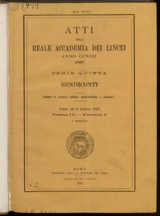 Seduta del 6 Gennaio 1895. Volume IV. - Fascicolo 1.