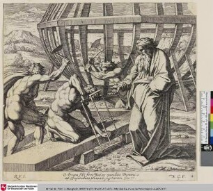 [Noah baut die Arche.; Noé faisant construire l'arche.]