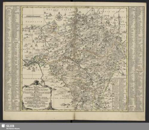 Accurate Geogr. Delineation Des Zu Dem Voigtlaendischen Creisses Und Derer Darinnen Befindlichen Aemmter Plauen Pausa u. Voigtsberg