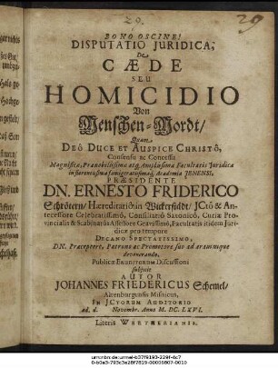 Disputatio Iuridica, De Caede Seu Homicidio