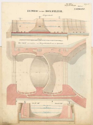 Dockanlage Monatskonkurrenz Juli 1869: Grundriss, Längsschnitt, Querschnitt; Maßstabsleiste