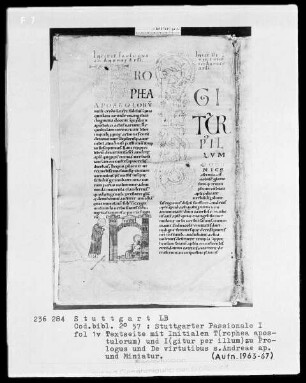 Stuttgarter Passionale — Pars hiemalis (erster Band) — Der heilige Andreas heilt den blinden Matthäus, Folio 1verso