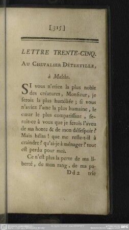 Lettre Trente-Cinq. Au Chevalier Déterville, à Malthe