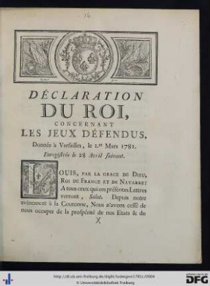Déclaration Du Roi, Concernant Les Jeux Défendus.