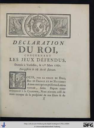 Déclaration Du Roi, Concernant Les Jeux Défendus.