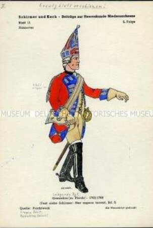 Uniformdarstellung, Grenadier des Leibgarde-Regiments zu Pferde, Kurfürstentum Hannover, 1763/1769.