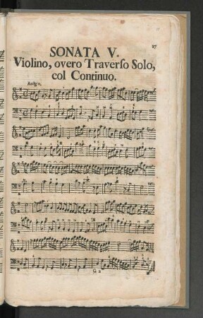 Sonata V. Violino, overo Traverso Solo, col Continuo.