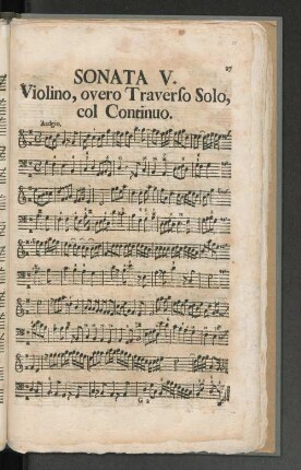 Sonata V. Violino, overo Traverso Solo, col Continuo.