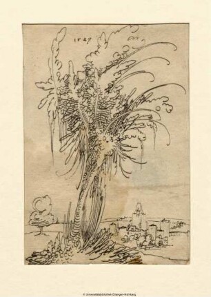 Einzelner Baum (Weide) vor einer Landschaft mit einem befestigten Ort am Wasser