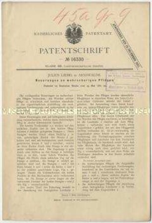 Patentschrift über Neuerungen an mehrscharigen Pflügen, Patent-Nr. 16330