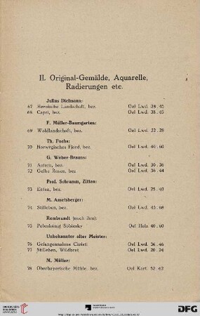 II. Original-Gemälde, Aquarelle, Radierungen etc. (Nr. 67-120)