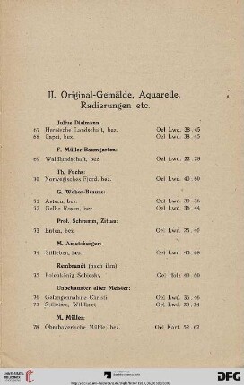 II. Original-Gemälde, Aquarelle, Radierungen etc. (Nr. 67-120)