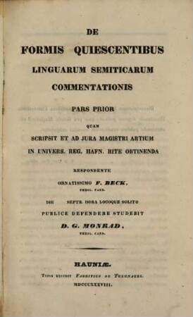 De formis quiescentibus linguarum semiticarum commentationis pars prior