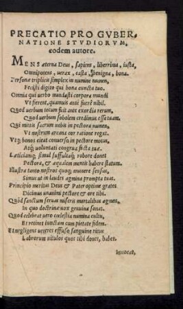 Precatio Pro Gubernatione Studiorum, eodem autore.