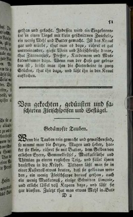 Von gekochten, gedünsten und faschirten Fleischspeisen und Geflügel.
