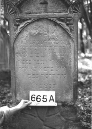 Grabstein 665 (Index: 99900569) Material: Sandstein Zustand: oben stark verwittert, sonst leicht angewittert Maße HxBxT: 138x58x14 cm Beschreibung: aufgesockelte Stele mit oben abgeflachtem Dreiecksabschluss, Eckakroterien, im Dreiecksfeld Levitenkanne Symbolik: Levitenkanne: Grabstein 665A