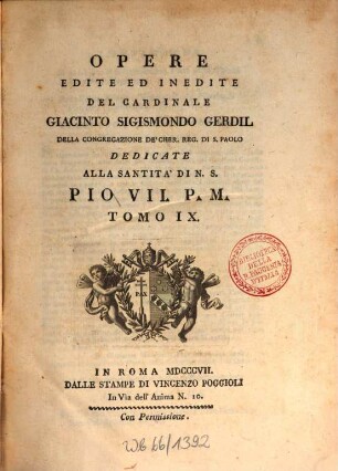 Opere edite ed inedite del Cardinale Giacinto Sigismondo Gerdil, 9