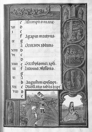 Gebetbuch mit Kalendarium — Buchseite mit Monatsbild August und Tierkreiszeichen, Folio 12recto