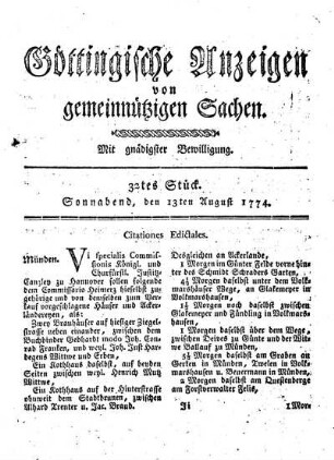 32tes Stück. Sonnabend, den 13ten August 1774.