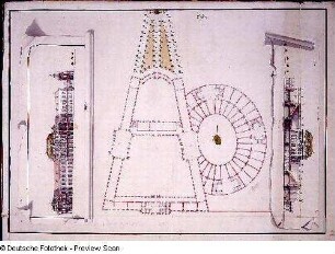 Lageplan, Grundrisse, Aufrisse, Schnitte eines Amphitheaters, Blatt 59 a