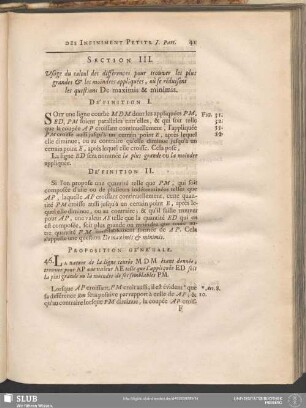 Section III. Usage du calcul des différences pour trouver les plus grandes & les moindres appliquées, où se réduisent les questions De maximis & minimis