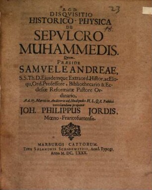 Disquisitio Historico-Physica De Sepulcro Muhammedis