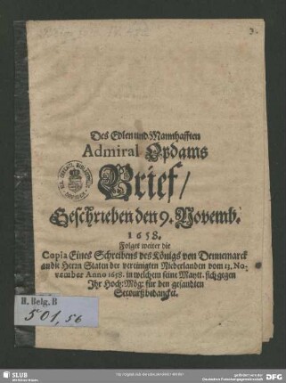 Des Admirals Opdams Brief, Geschrieben den 9. Novemb. 1658