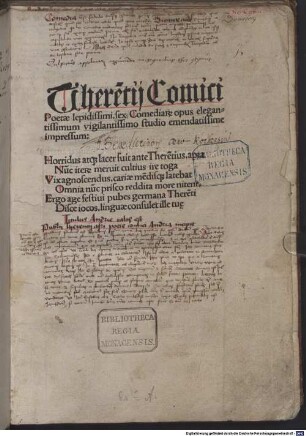Comoediae : mit kurzer Inhaltsangabe zu jeder Szene. Mit Gedicht 'Horridus atque lacer fuit ante Terentius...' (Walther, Initia 8428) und Epitaphium Terentii (Walther, Initia 11627)