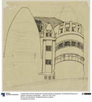 Marienbad, Projekt Kurhotel in Königswart, vorbereitende Skizze zum zweiten Vorentwurf, Perspektive eines Teils der Hauptfassade