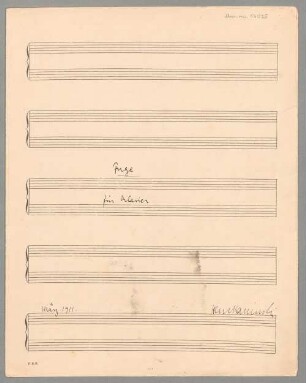 Fugues, pf, Es-Dur - BSB Mus.ms. 17035 : Fuge für Klavier. März 1911. Hein[rich] Kaminski