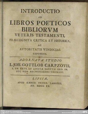 Introductio Ad Libros Poeticos Bibliorum Veteris Testamenti