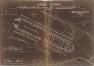 Fischer, Theodor; München, Maximiliansplatz; Bebauungsvorschlag - Lageplan, Querschnitte, Längsschnitt, Schnitt