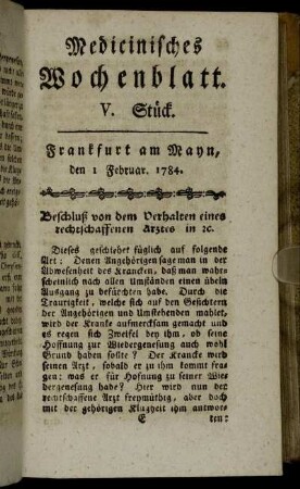 V. Stück. Frankfurt am Mayn, den 1 Februar. 1784. - IX. Stück. Frankfurt am Mayn, den 28 Februar. 1784.