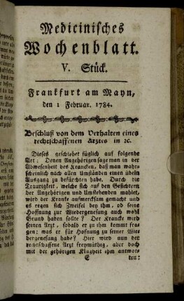 V. Stück. Frankfurt am Mayn, den 1 Februar. 1784. - IX. Stück. Frankfurt am Mayn, den 28 Februar. 1784.