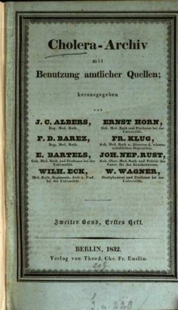 Cholera-Archiv mit Benutzung amtlicher Quellen. 2. 1832