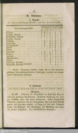 2. Uebersicht des Unterrichts von Ostern 1859 bis Ostern 1860