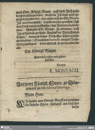 Antwort Königl. Maytt. zu Dännemarck an den Admiral Montagu