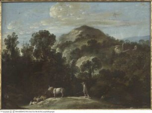 Bewaldete Hügellandschaft mit kleiner Herde und einem Hirten