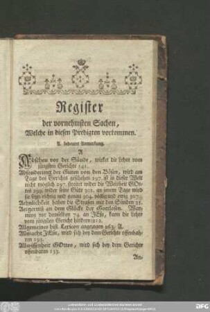 Register der vornehmsten Sachen, Welche in diesen Predigten vorkommen.