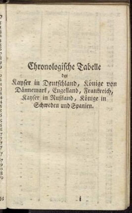 Chronologische Tabelle der Kayser in Deutschland, Könige von Dännemark, Engelland, Frankreich, Kayser in Rußland, Könige in Schweden und Spanien.