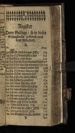 Register Derer Gesänge / so in diesem Gesangbuche zufindenn nach dem Alphabeth.