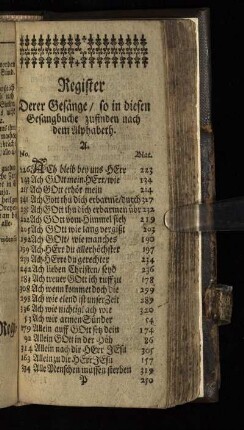 Register Derer Gesänge / so in diesem Gesangbuche zufindenn nach dem Alphabeth.