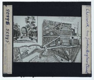 London, Chiswick House : Gardenplan und Zeichnung des Ionischen Tempels