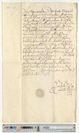 Herzog Ernst II. zu Braunschweig-Lüneburg quittiert dem Lüneburger Stadtrat den Empfang von 2000 Gulden lübisch Jahrespension zustehend aus dem Vertrag von 1562. 1000 Gulden werden der hezöglichen Kasse übergeben und die anderen 1000 Gulden kommen dem Domkapitel zu Ratzeburg (Rahsborch) zugute. Eigenhändige Unterschrift.