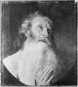 Betender Greis : Italienische Schule des XVII. Jahrhunderts (früher "Schule des Domenichino"). Betender Greis. Pappelholz; 0,51 x 0,465 m. Gemäldegalerie Alte Meister (Kriegsverlust). Reproduktion nach Originalaufnahme der Staatlichen Kunstsammlungen Dresden