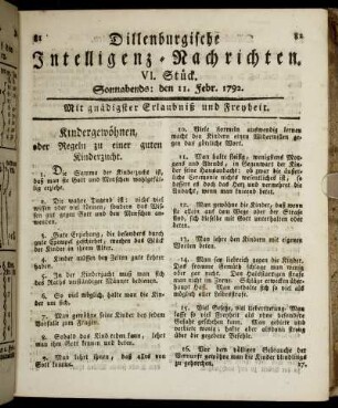 VI. Stück. Sonnabends: den 11. Febr. 1792.