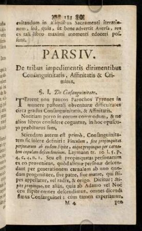 183-248, Pars IV. De tribus impedimentis dirimentibus Consanguinitatis, Affinitatis & Criminis.