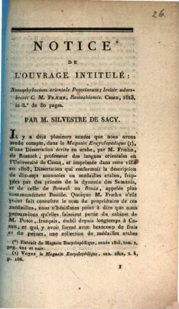 Notice de l'ouvrage intitulé: Numophylacium orientale pototianum; leviter adumbravit C. M. Fraehn, Rostochiensis
